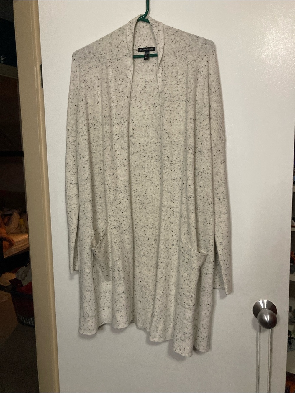 Eileen Fisher organic cotton Cream Speckled Open Cardigan with Pockets medium